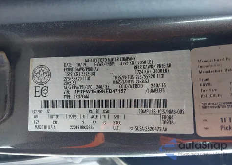 2019 Ford F-150 Xlt из США, поврежденный, VIN 1FTFW1E49KFD47157